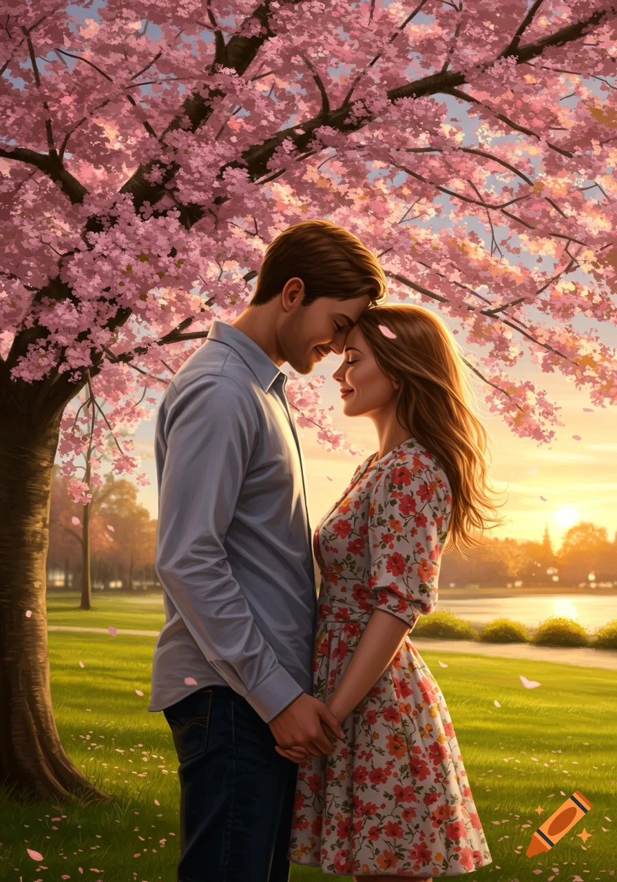 A man and woman hold hands, foreheads touching, smiling under a pink cherry blossom tree at sunset in a park.