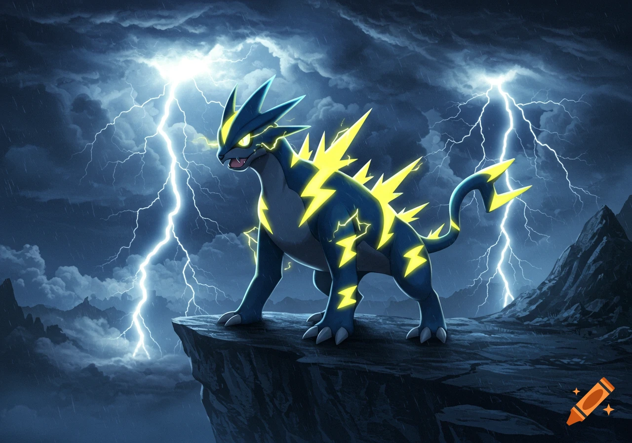 A blue and yellow electric-type creature stands on a dark cliff as bright lightning bolts strike from a stormy night sky.