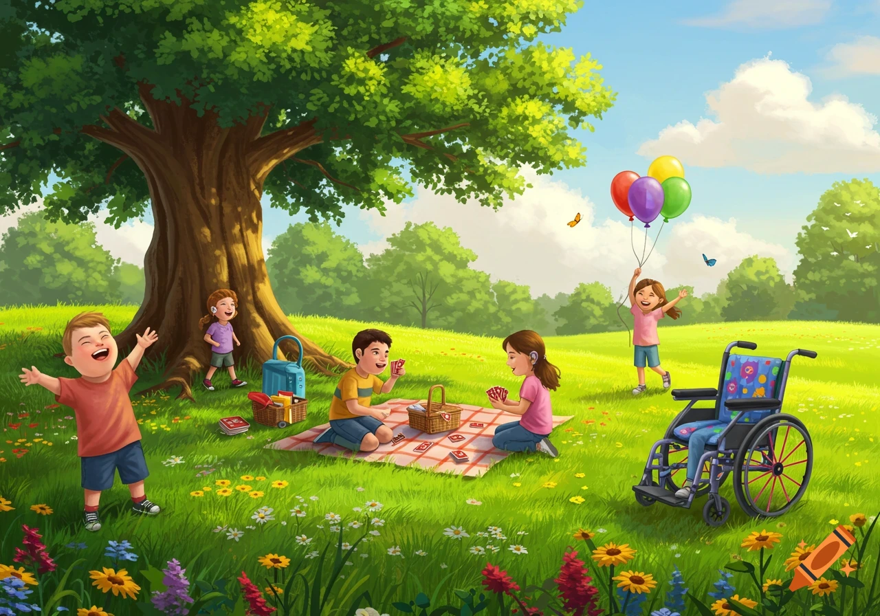 A cheerful illustration of diverse children with special needs playing in a sunny park; one child is in a wheelchair.