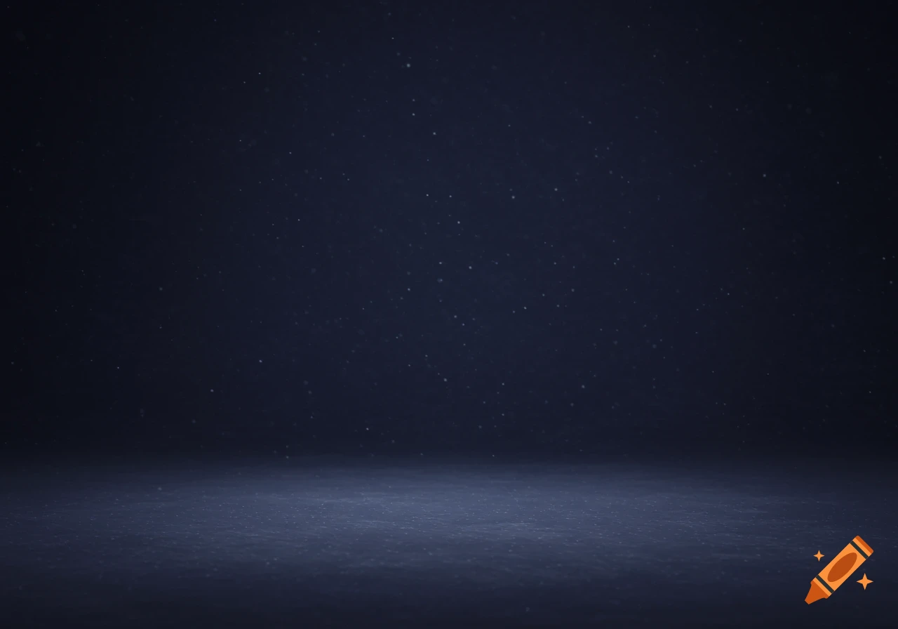 Dark blue gradient background with a subtle textured floor and numerous small white specks, creating a starry effect.