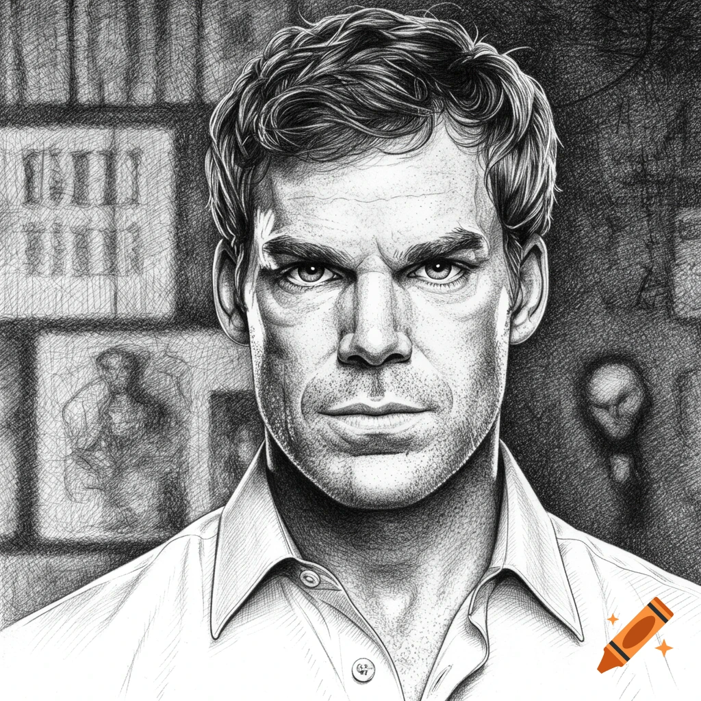 A detailed black and white sketch portrait of Dexter Morgan, a man with short, wavy hair and an intense stare, wearing a collared shirt. The background features abstract, textured elements.