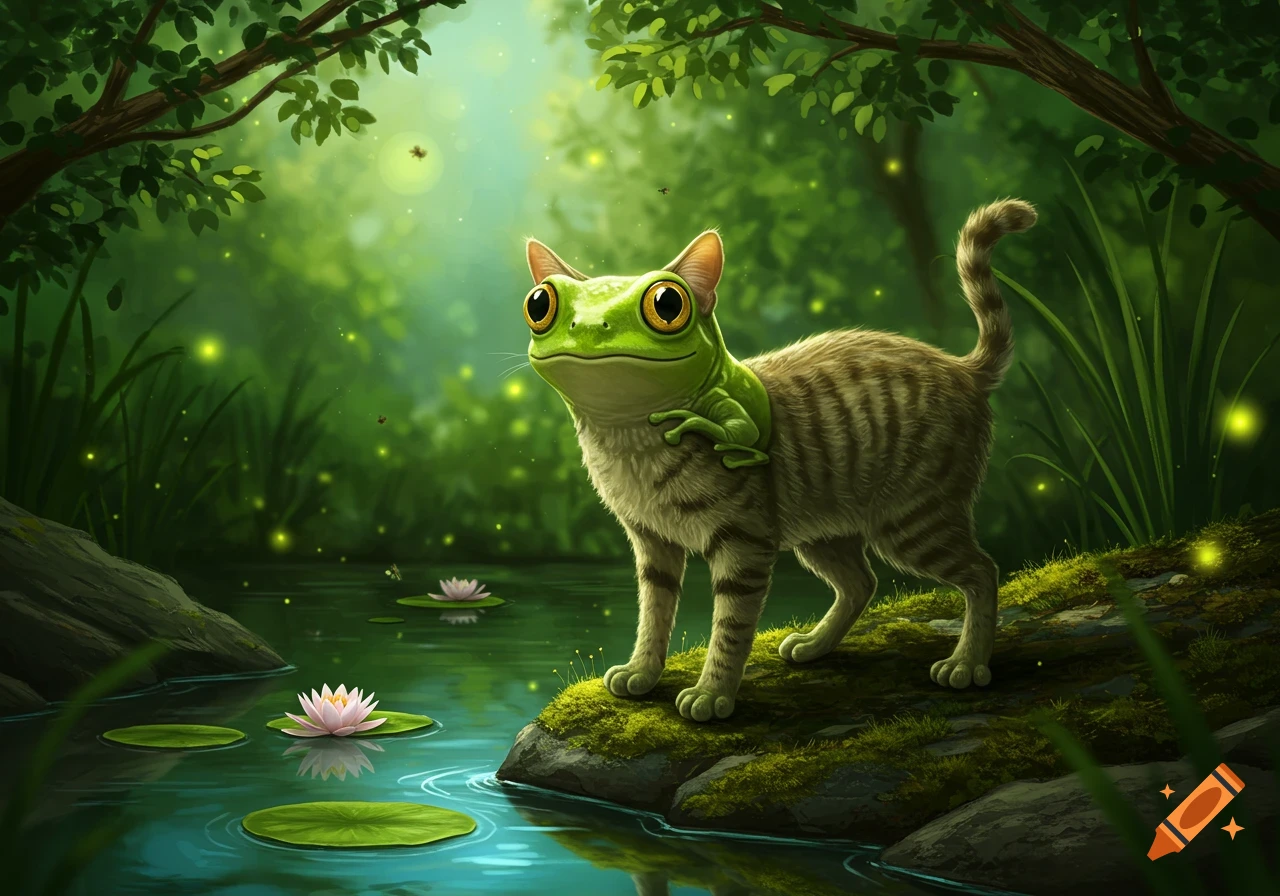 A frog-headed cat creature with a tabby body stands on a mossy rock in a magical forest pond with water lilies and fireflies.