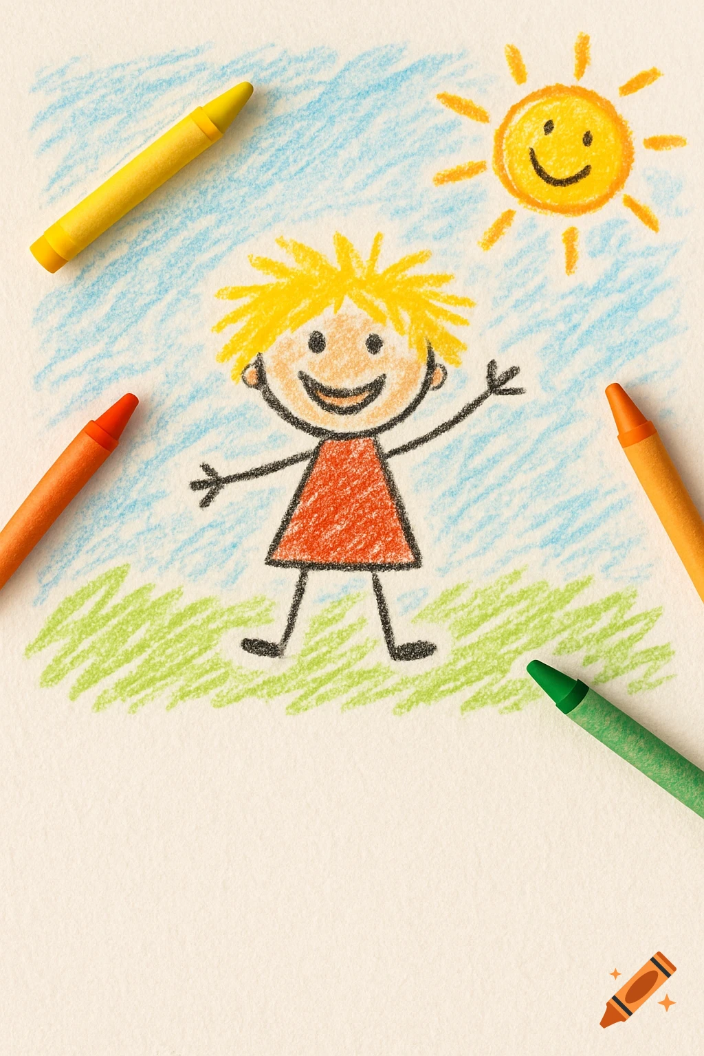A cheerful crayon drawing of a stick figure child, smiling sun, blue sky, green grass, and scattered crayons on textured paper.