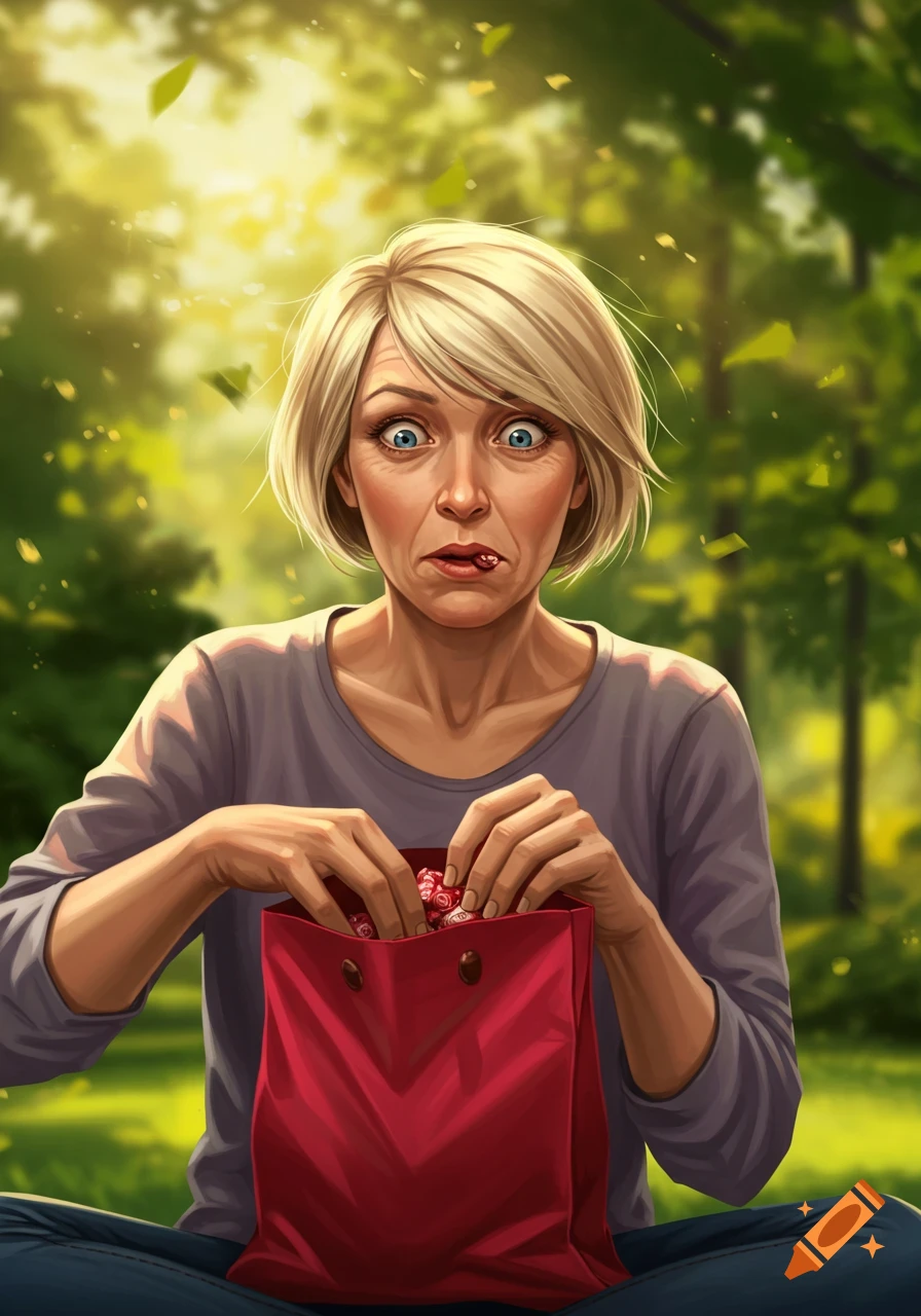 An illustrated woman with blonde hair nervously eats chocolates from a red bag in a sunny park.