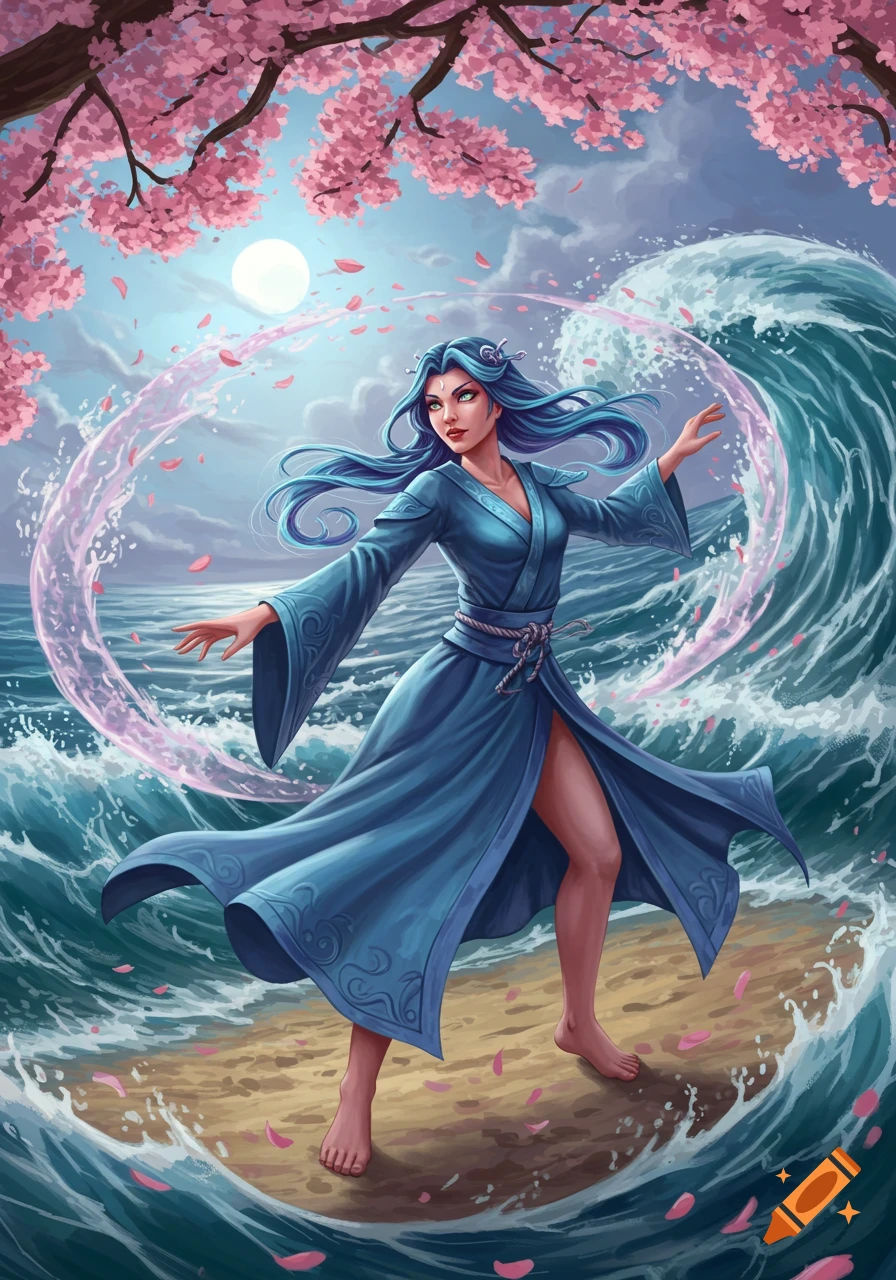 Fantasy art of a blue-haired woman in a blue robe, standing on a beach, controlling waves with pink magic under cherry blossoms and a full moon.