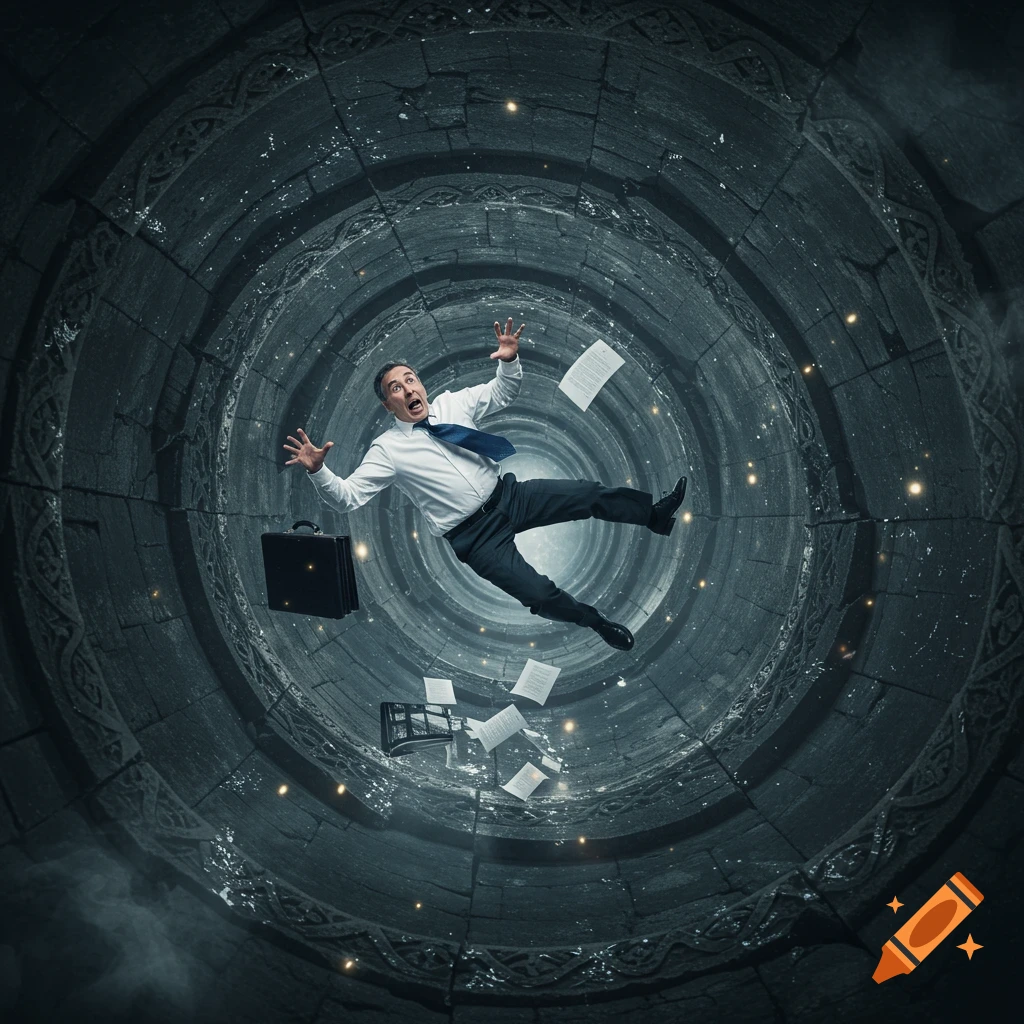 Businessman in office clothes falls headfirst down a dark, circular well, papers and briefcase scattering. He looks shocked. Photorealistic.