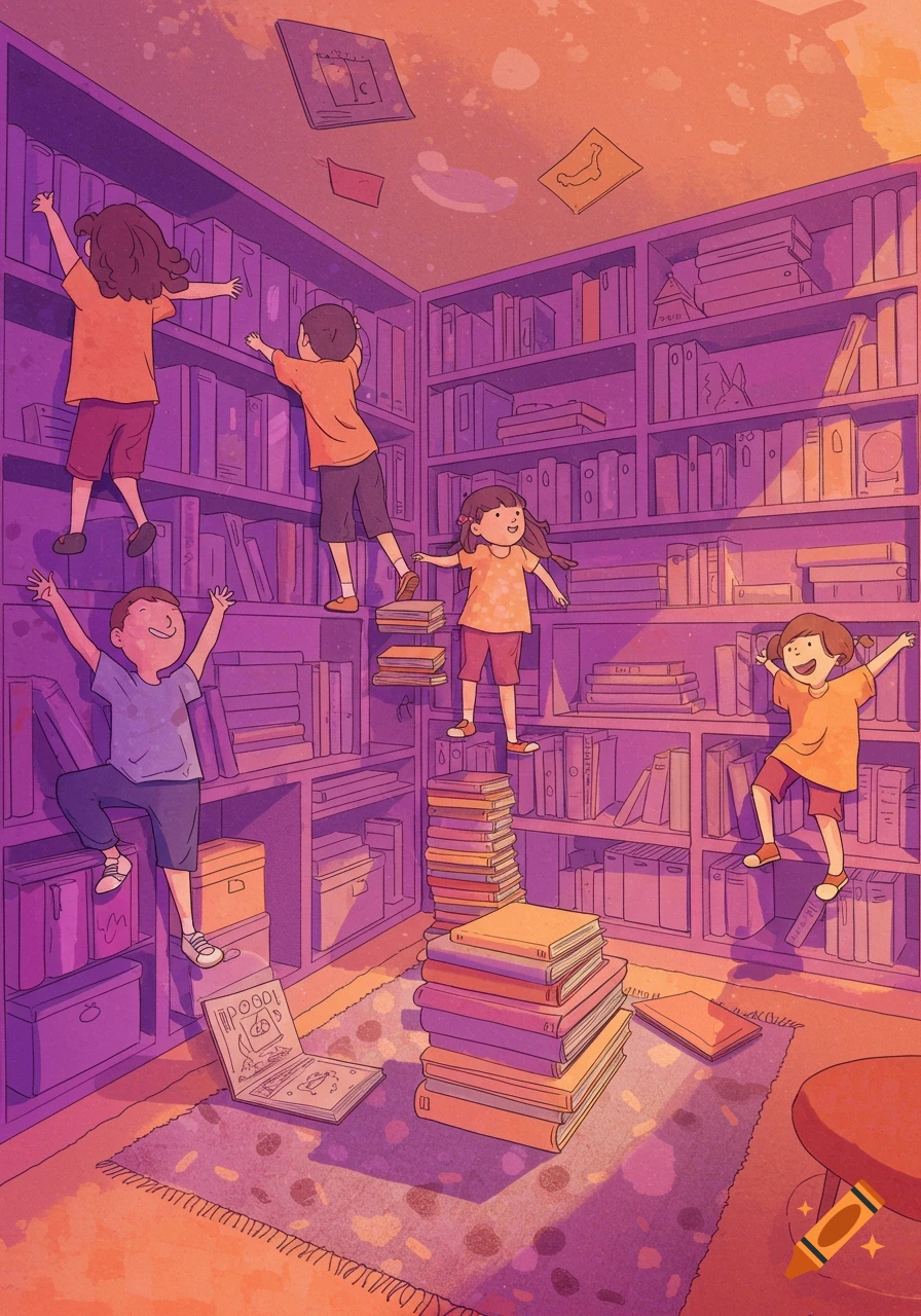 Cartoon illustration of children playfully climbing tall purple bookshelves amidst stacks of books on the floor, lit with purple and orange.