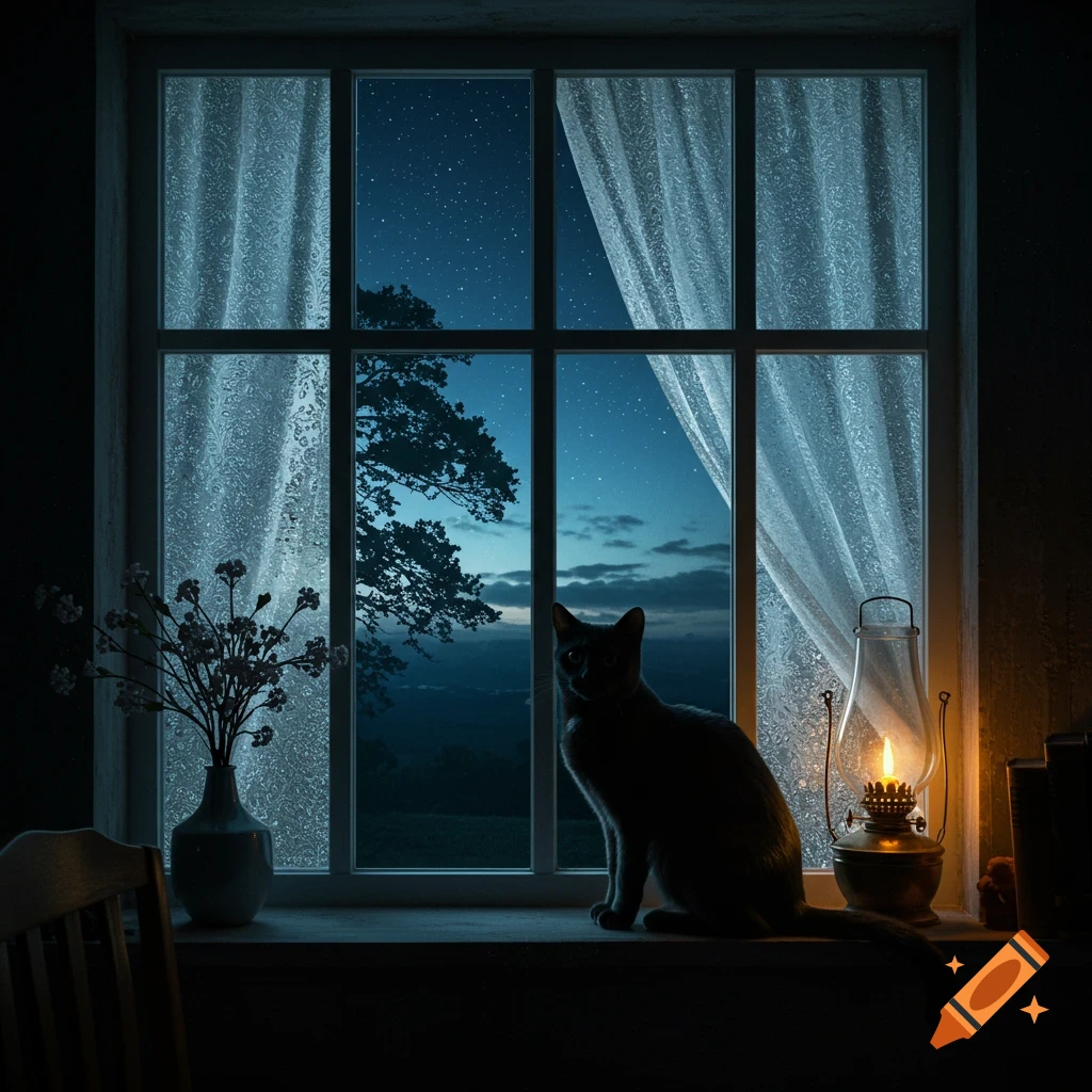 A black cat sits on a windowsill at night, looking out at a starry sky, with a lit lantern and vase of flowers.
