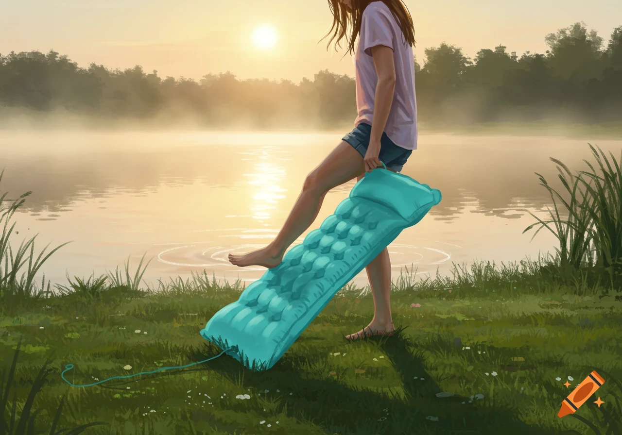A young woman stands by a misty lake at sunrise, holding a blue inflatable mattress with one foot on it, digital painting.