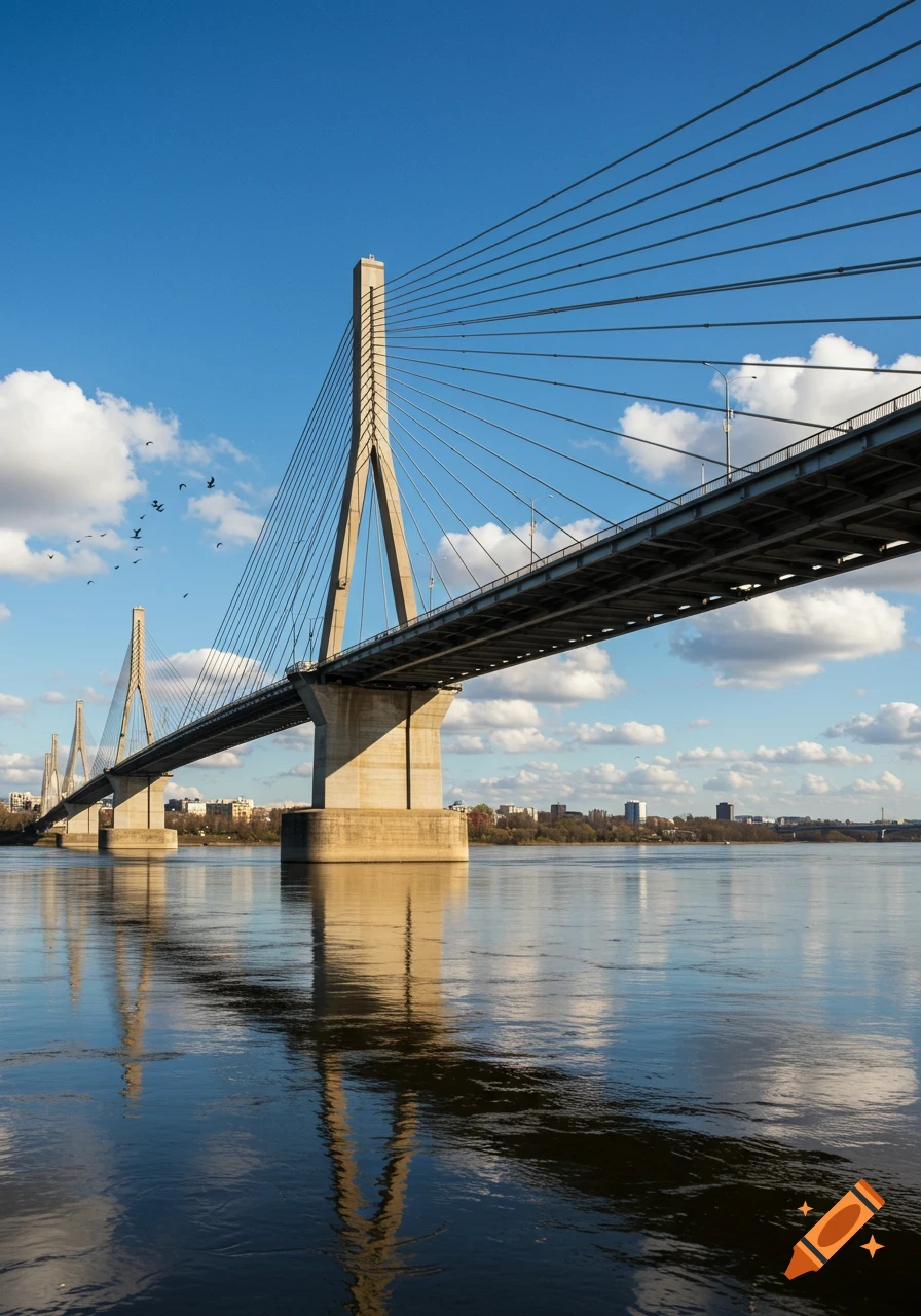 Photorealistic view of a cable-stayed bridge spanning a wide river under a blue sky with scattered clouds and a distant cityscape.