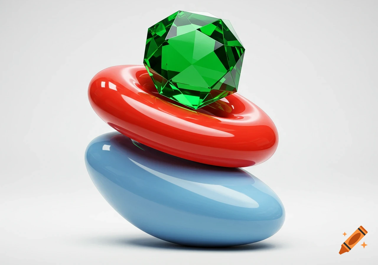 A stack of glossy blue oval, red torus, and green faceted gem against a white background.