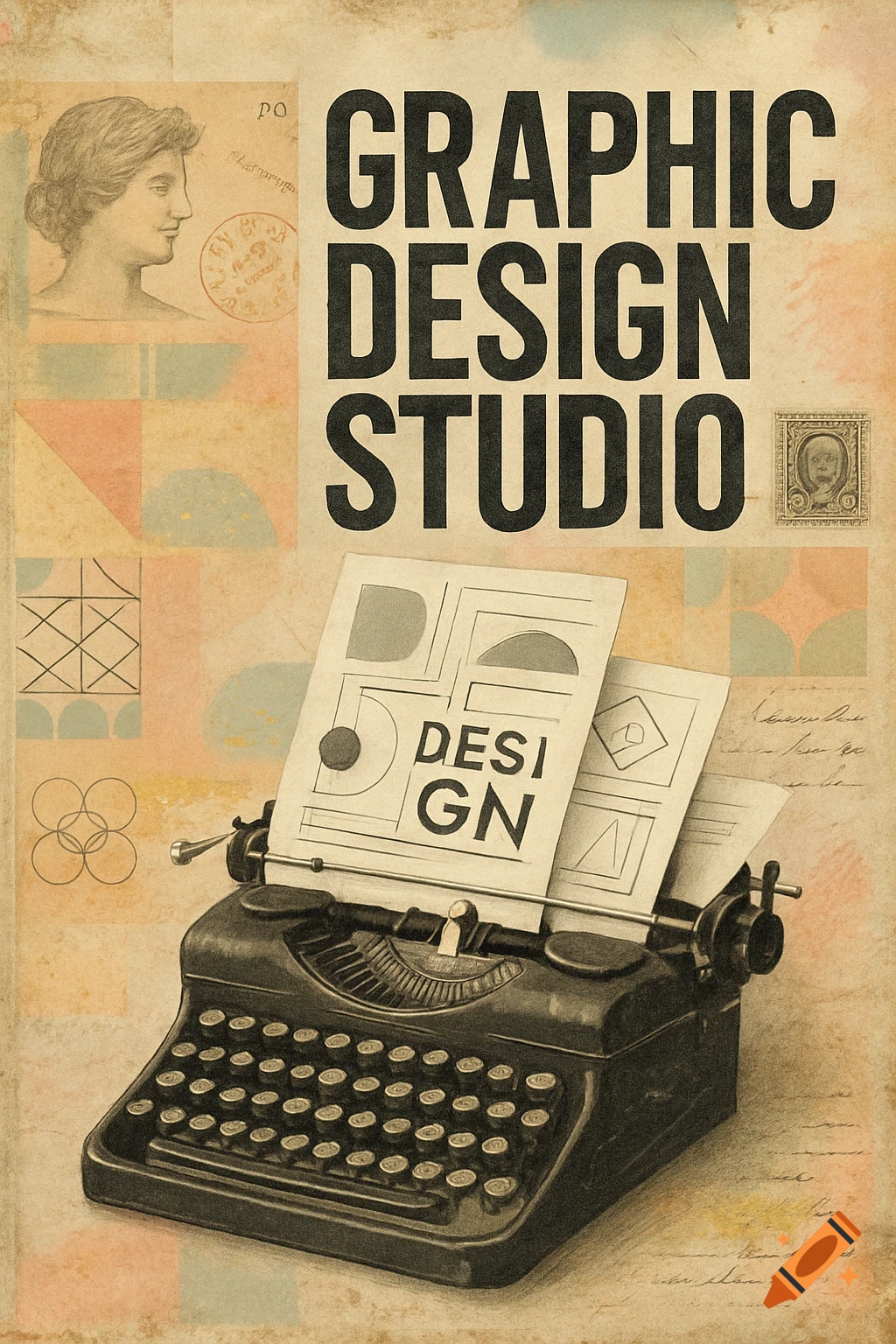 A vintage collage poster with a black typewriter. Text says "GRAPHIC DESIGN STUDIO" and "DESI GN" with graphic shapes and a classical bust.