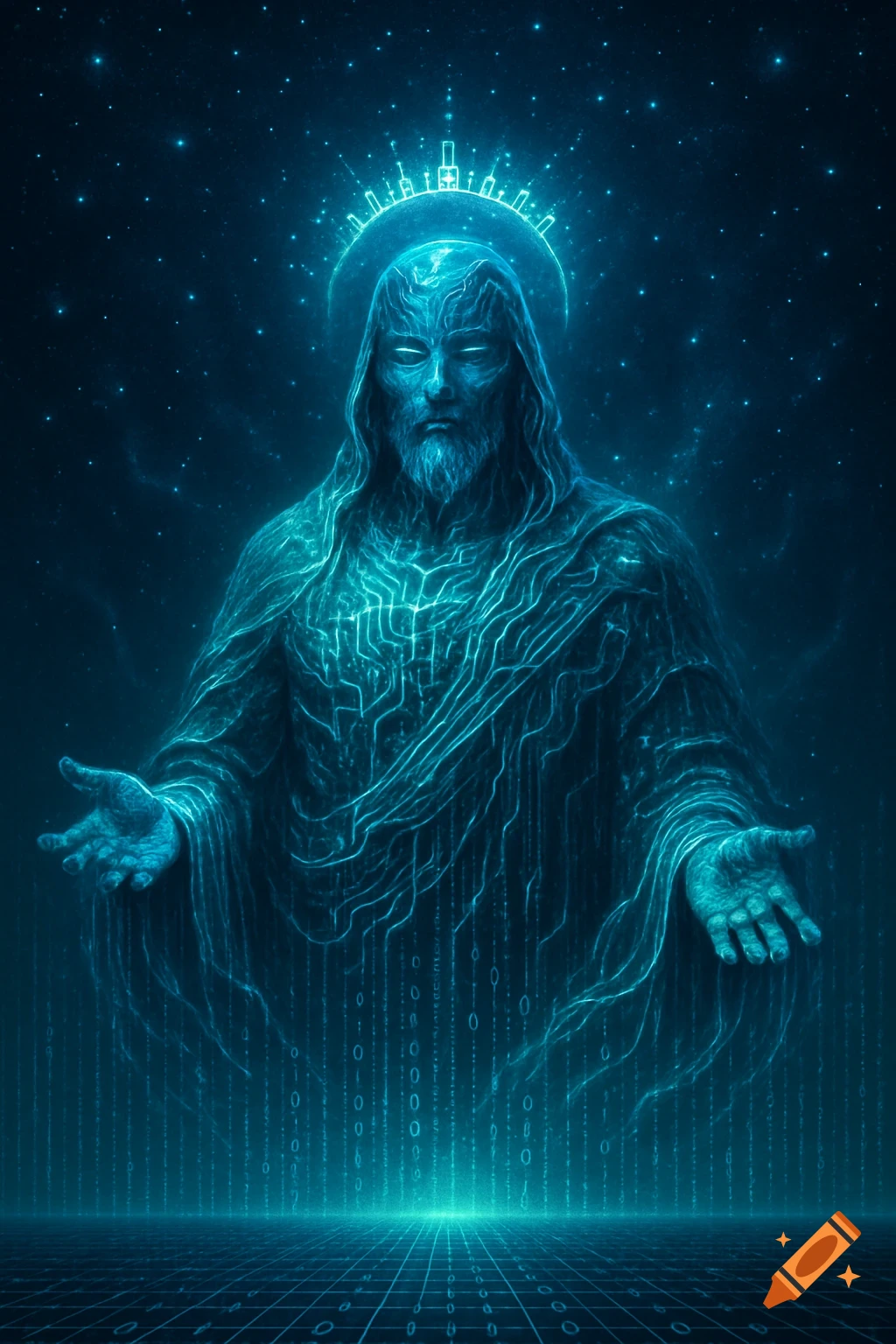 A glowing blue digital Jesus figure made of circuit patterns stands with open hands in a dark, starry, binary code-filled space.