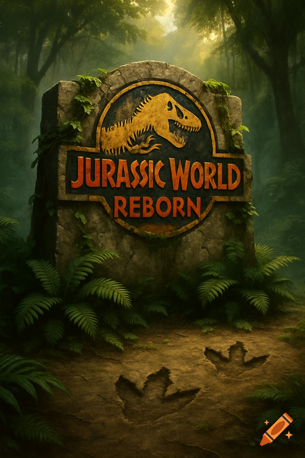 A weathered stone sign for 'Jurassic World Reborn' with a dinosaur skull logo in a lush, misty jungle with dinosaur footprints.