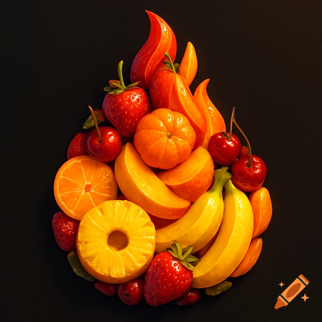Colorful fruits like strawberries, bananas, oranges, and cherries arranged as a fire icon on a black background.