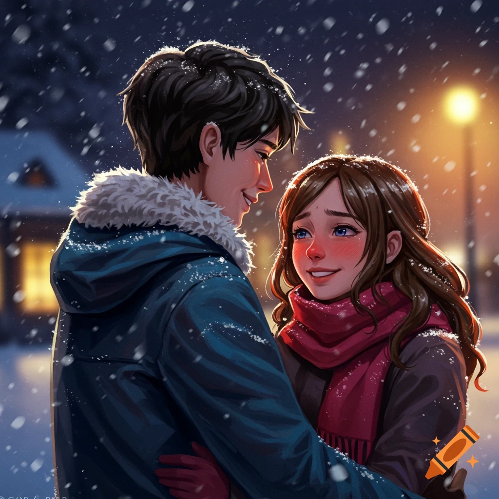 Anime illustration of a smiling couple embracing in falling snow at night, with a warm street light in the background.