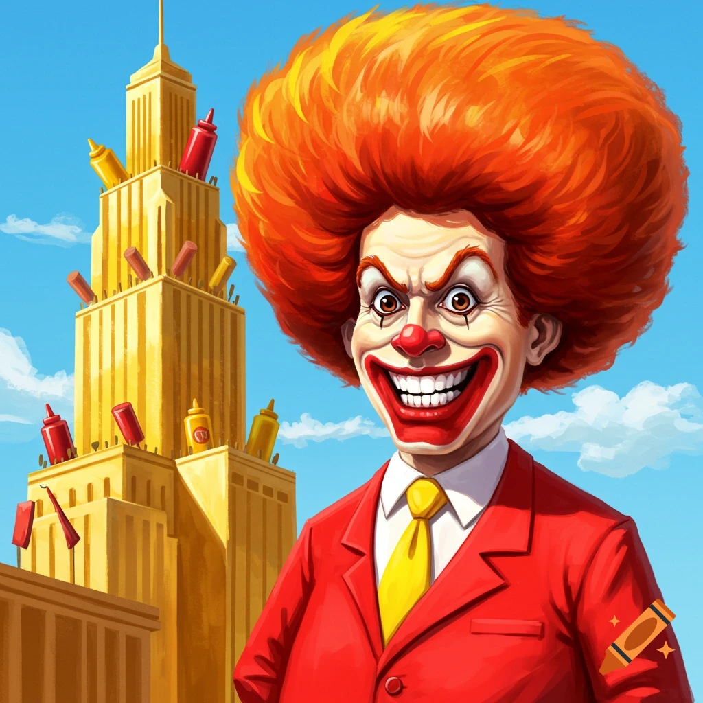 Caricature of a sinister clown with orange hair and a red suit smiling, in front of a golden skyscraper adorned with fast-food items.