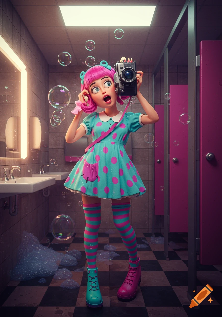 A stylized cartoon girl with pink hair and a turquoise polka-dot dress holds a camera, taking a selfie in a public restroom with bubbles floating around.