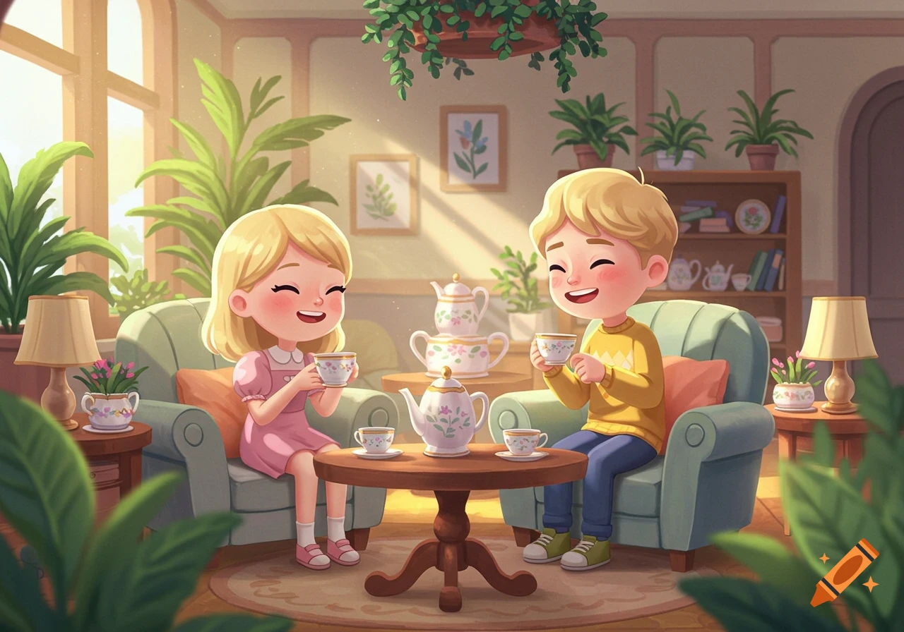 Two happy cartoon children, a girl and a boy, sip tea in a cozy, plant-filled living room, Pixar style.