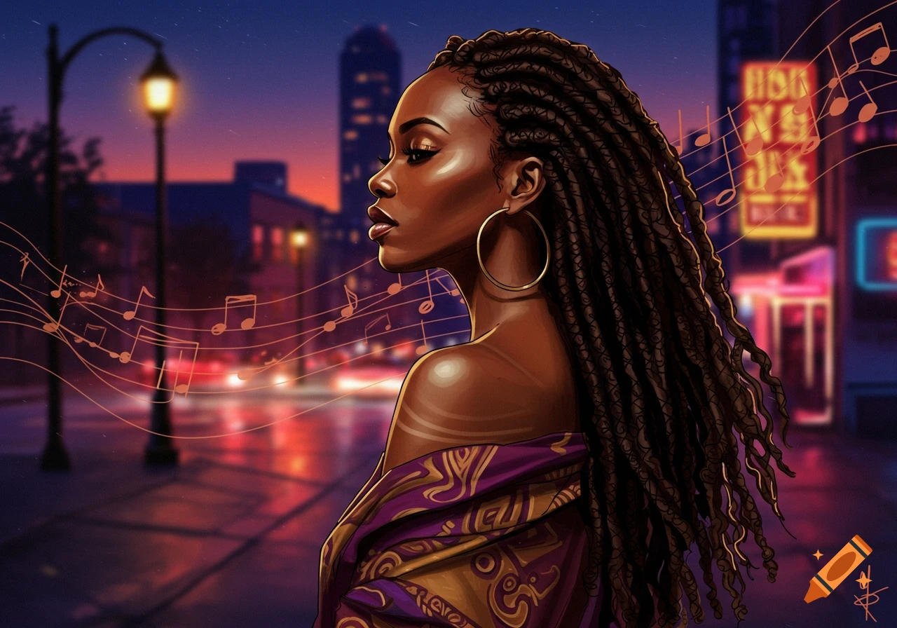 A stylized portrait of a Black woman with dreadlocks and hoop earrings in a neon-lit city street at night, with musical notes.
