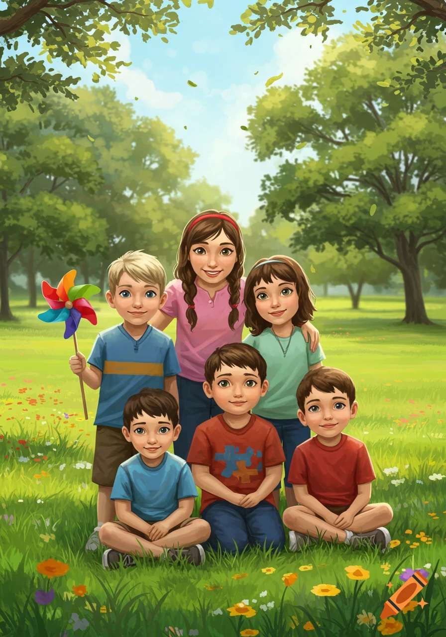 Six smiling illustrated children, four boys and two girls, pose in a sunny park with trees and flowers. One boy holds a colorful pinwheel.