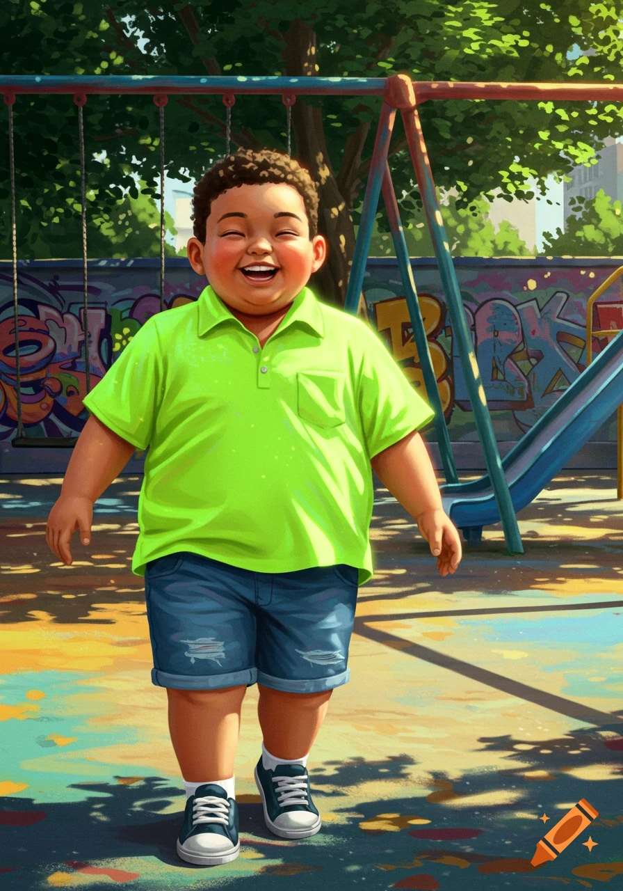 A happy boy in a neon green shirt and blue shorts walks in a colorful playground with graffiti walls. Illustrated.