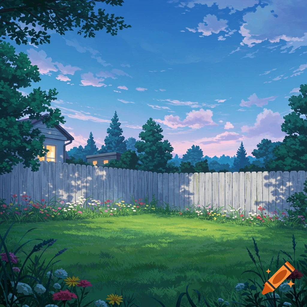 Anime style backyard with a white fence, green lawn, colorful flowers, and a house under a cloudy blue sky at dusk.