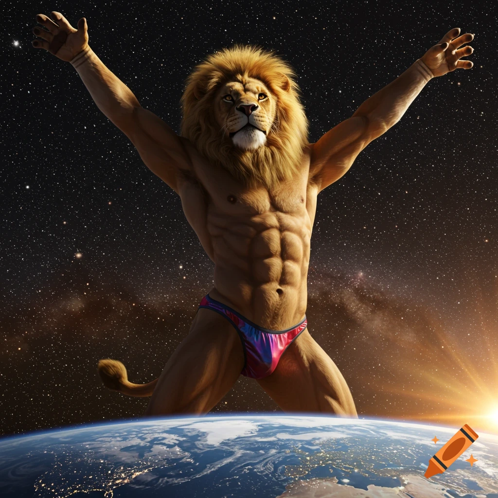 Photorealistic gigantic anthropomorphic lion in a speedo stretches with arms raised above Earth in space.