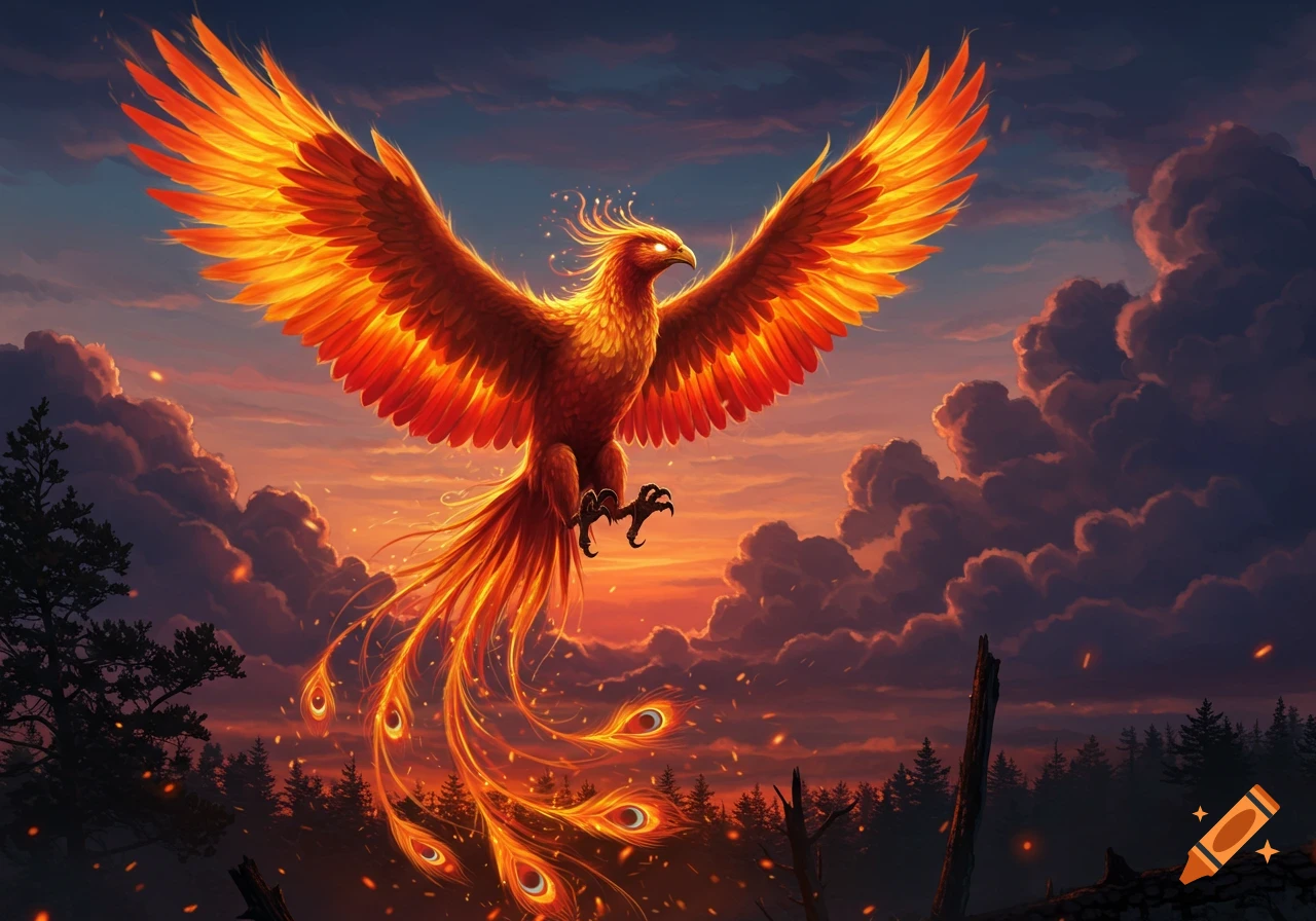 A majestic, fiery phoenix with outstretched wings soars through a dramatic sunset sky above a dark forest.