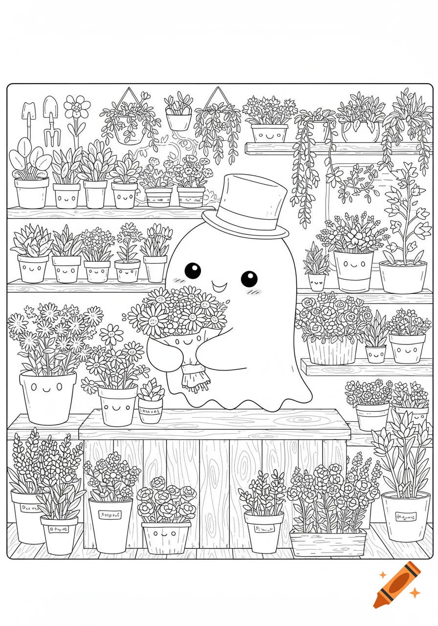 Kawaii ghost in a top hat holding a bouquet of flowers in a shop filled with potted plants, black and white line art coloring page.