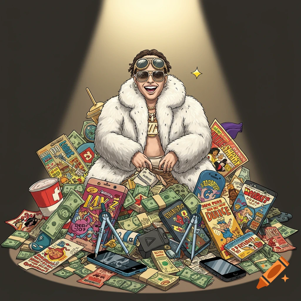 Cartoon rapper with dreadlocks and sunglasses in a white fur coat, sitting on a huge pile of money, smartphones, comics, and coupons.