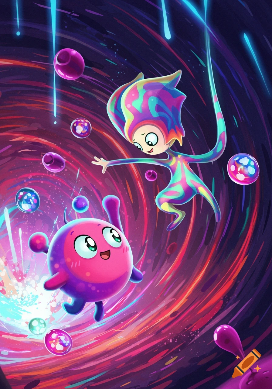 Two vibrant, colorful cartoon creatures float in an abstract, swirling, cosmic background with glowing bubbles.
