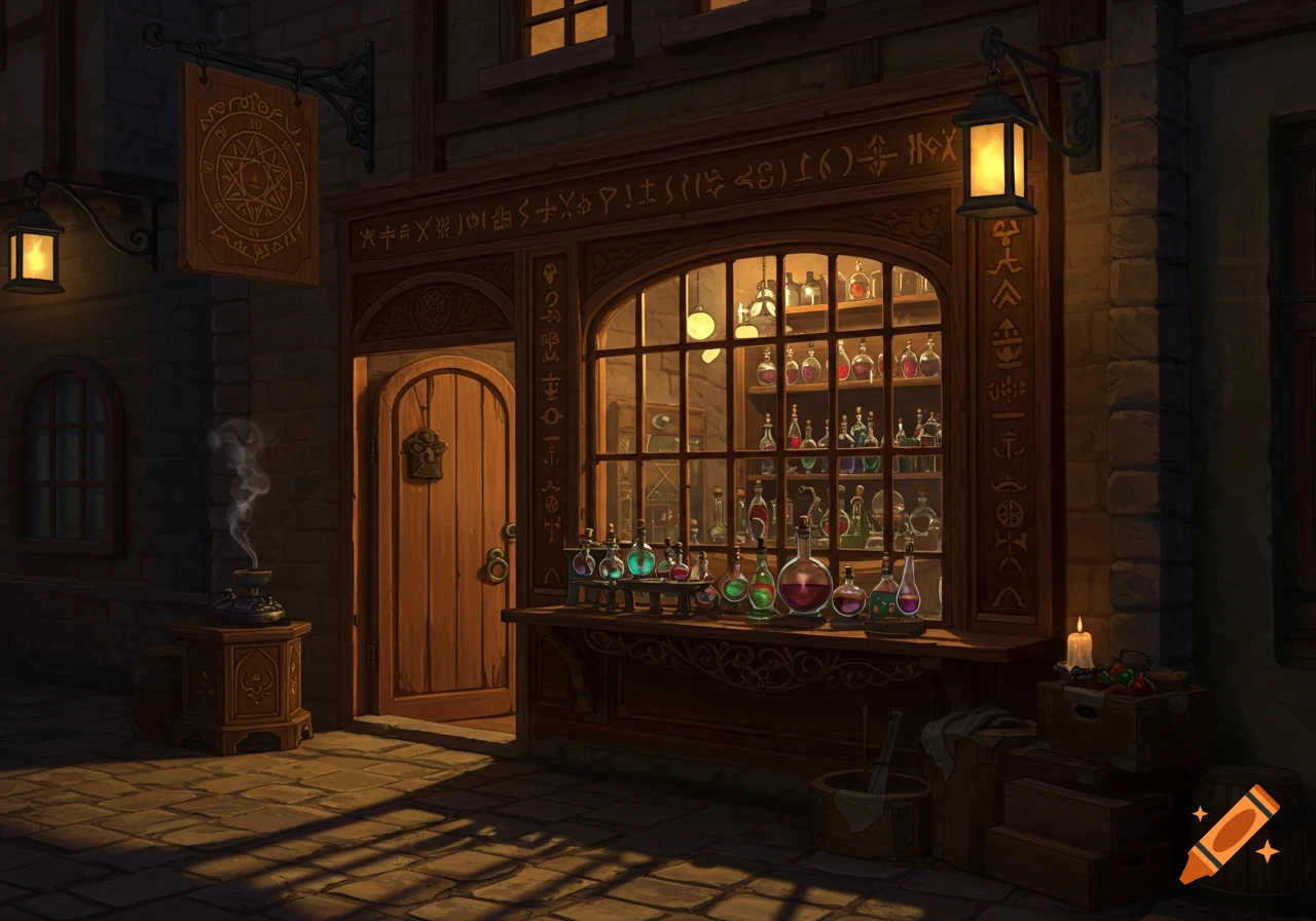 A warmly lit fantasy apothecary shop at dusk, with colorful potions in the window and decorative symbols on the facade.