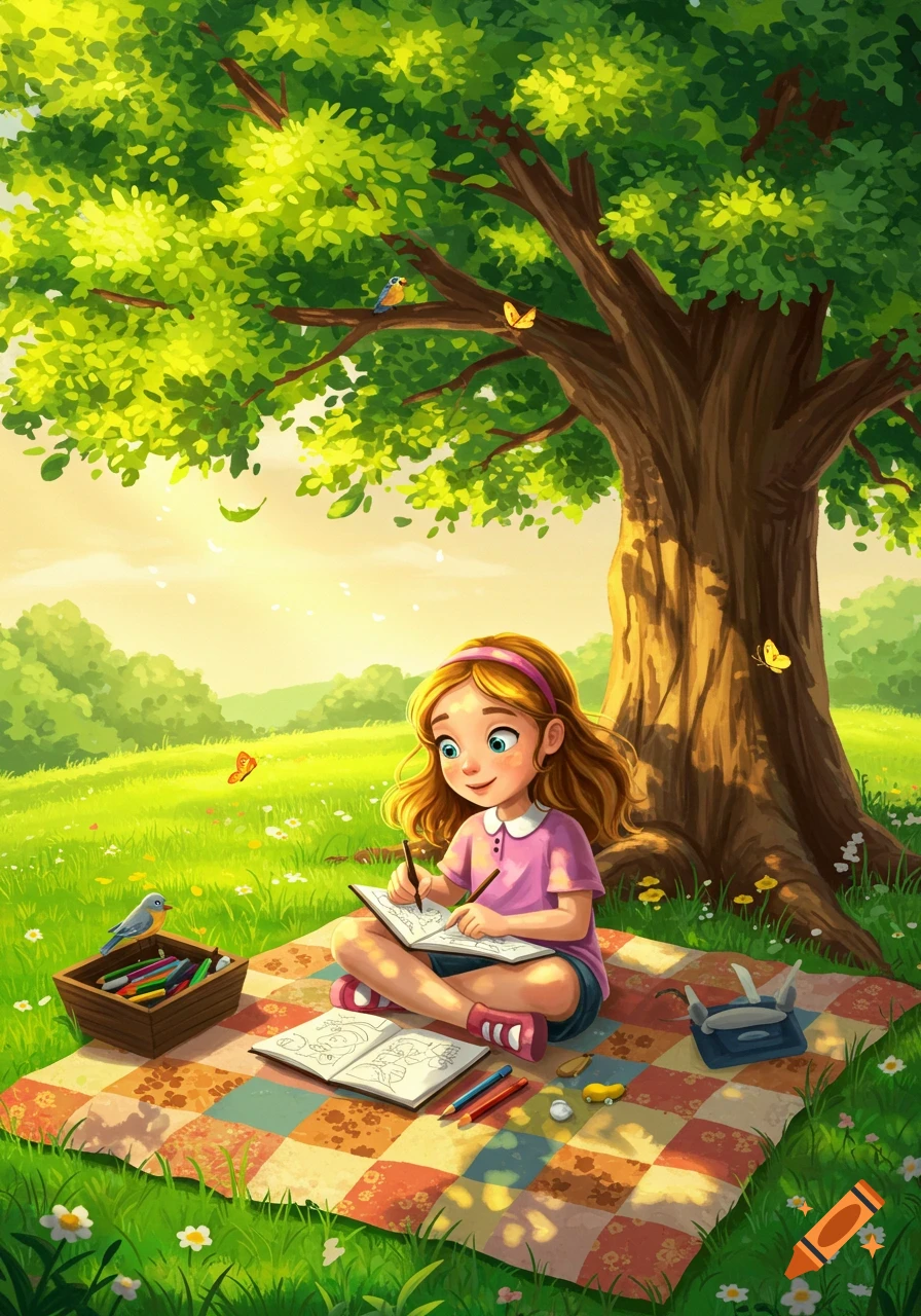 A cartoon girl with long brown hair sits on a checkered blanket under a large tree, drawing in a sketchbook in a sunny meadow. Birds and butterflies are nearby.