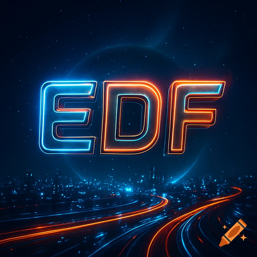 Neon glowing EDF logo above a futuristic cityscape with blue and orange light trails.