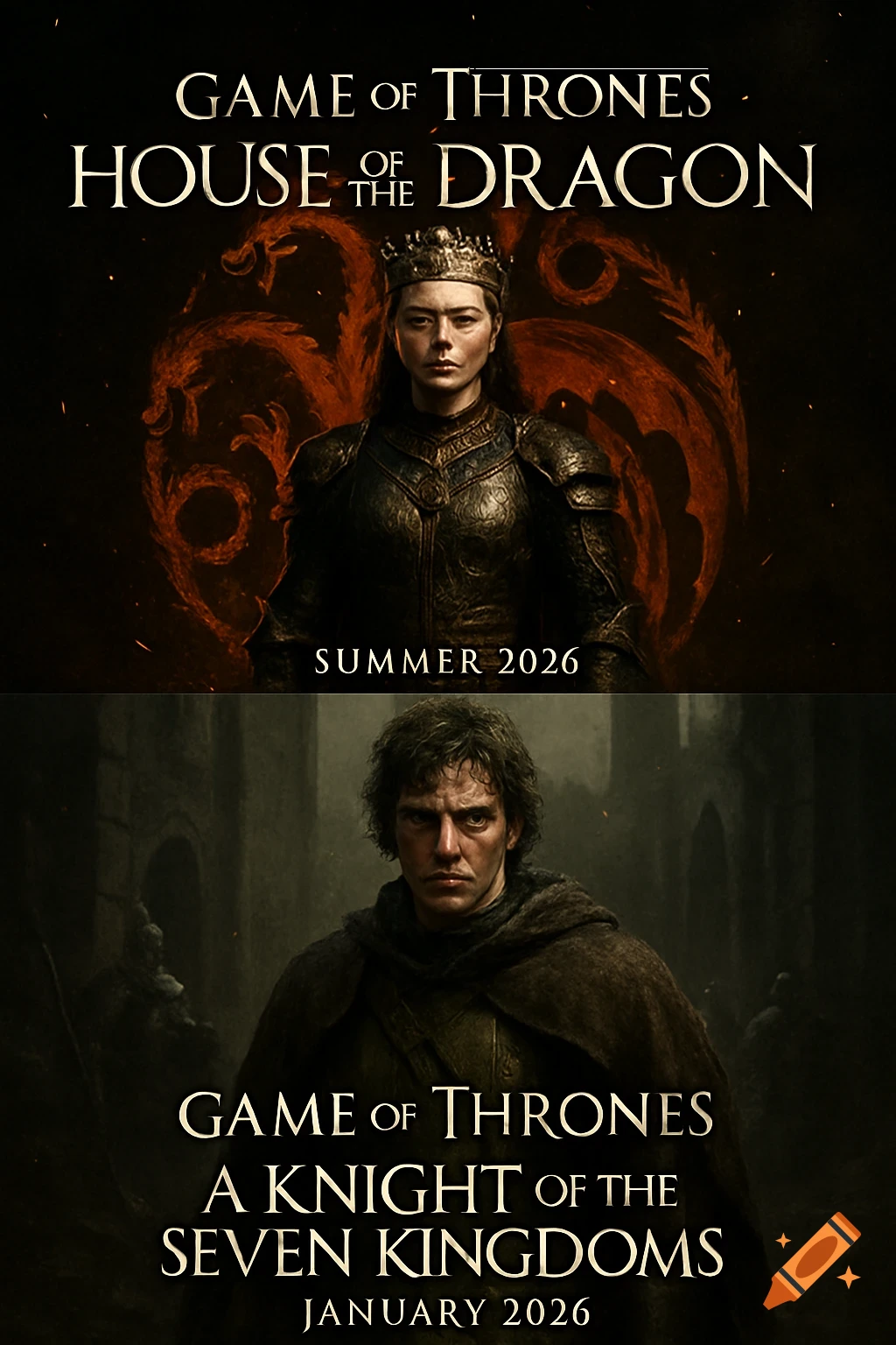 Two Game of Thrones posters. Top: queen in armor before a dragon sigil for House of the Dragon. Bottom: knight in cloak for A Knight of the Seven Kingdoms.
