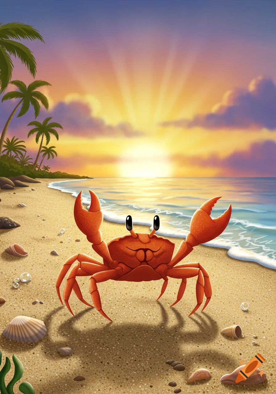 A happy cartoon crab stands on a sandy beach with palm trees, looking at the viewer during a vibrant sunset over the ocean.