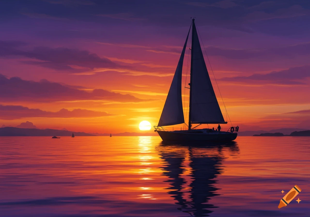 A sailboat silhouetted against a vibrant orange and purple sunset over calm water with reflections.
