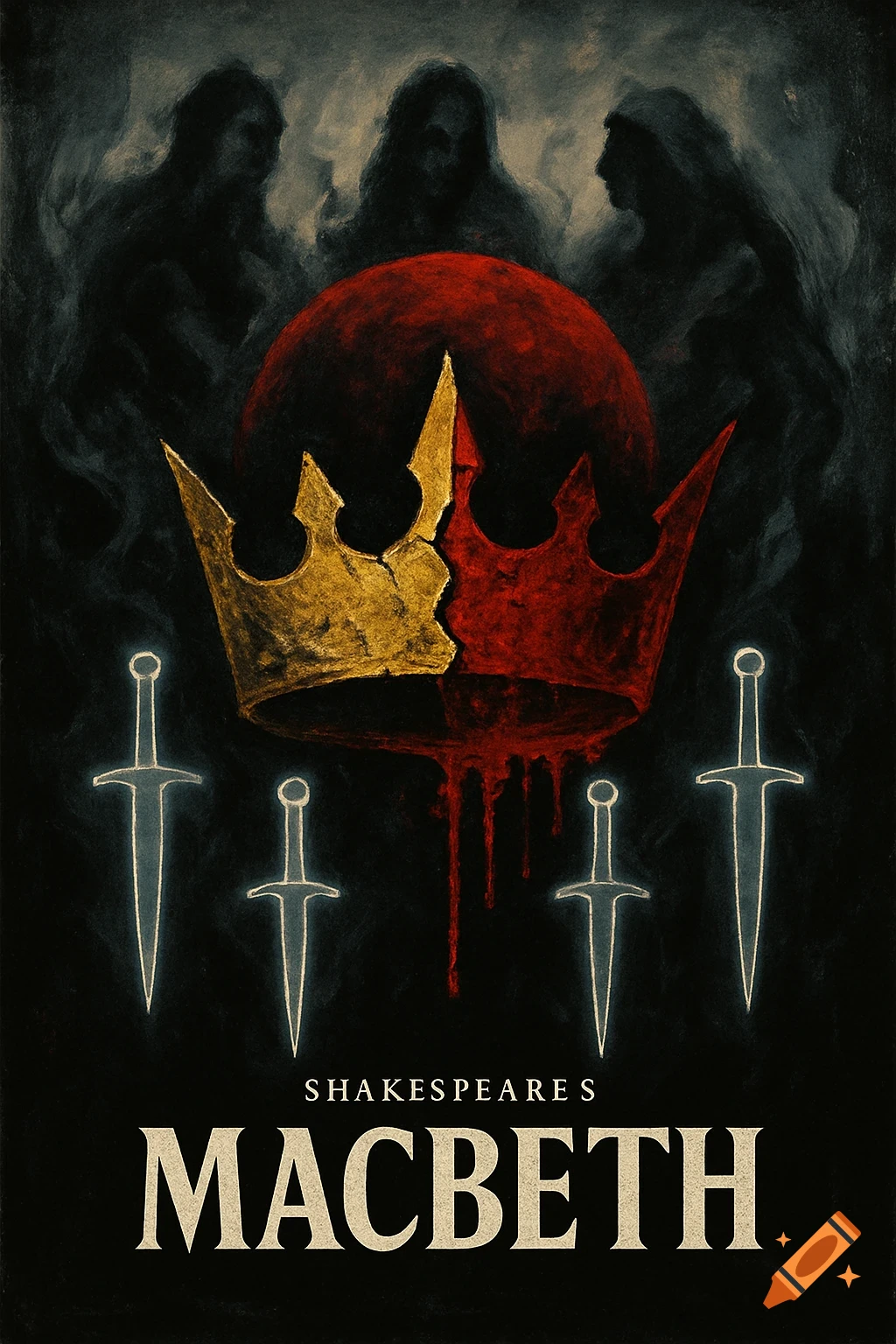 Abstract poster for Shakespeare's Macbeth, featuring a fractured gold and red crown dripping red, ghostly figures, glowing daggers, and a blood-red moon.