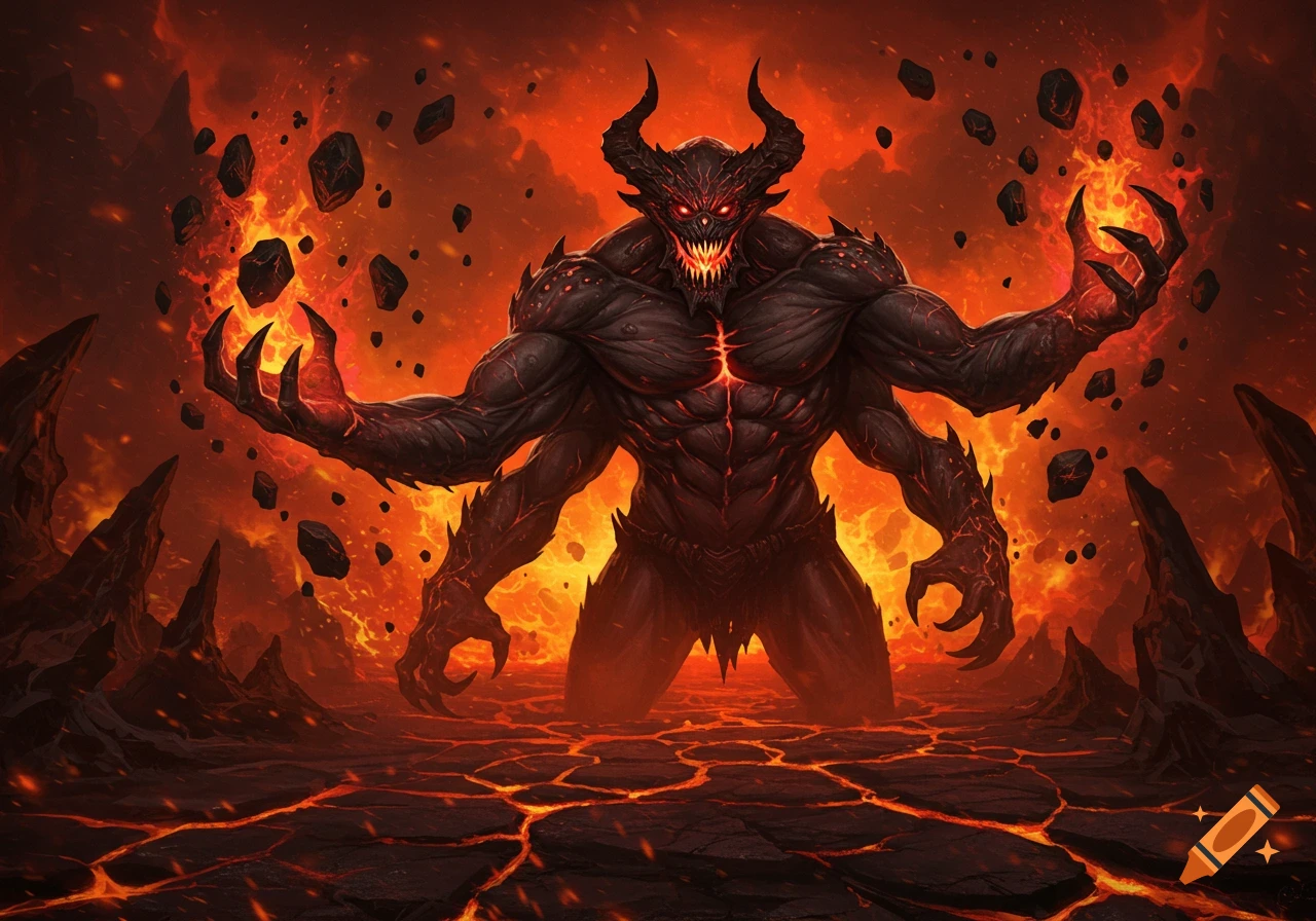 A horned, eight-armed demon monster with glowing red eyes stands in a fiery, lava-filled hellscape, summoning burning rocks. Digital illustration.