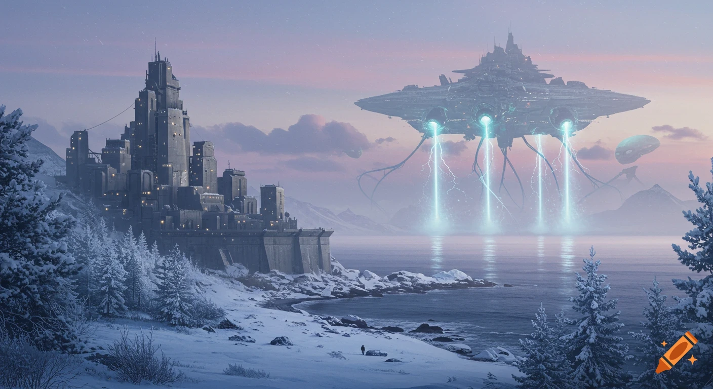 A huge alien spaceship extracts water from a winter ocean next to a fortified futuristic city under a pink and blue sky.