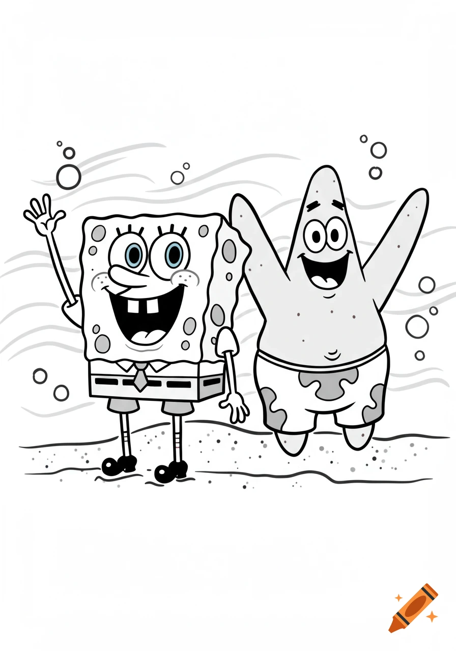 Black and white line art of Spongebob Squarepants and Patrick Star waving, with bubbles and waves in the background.