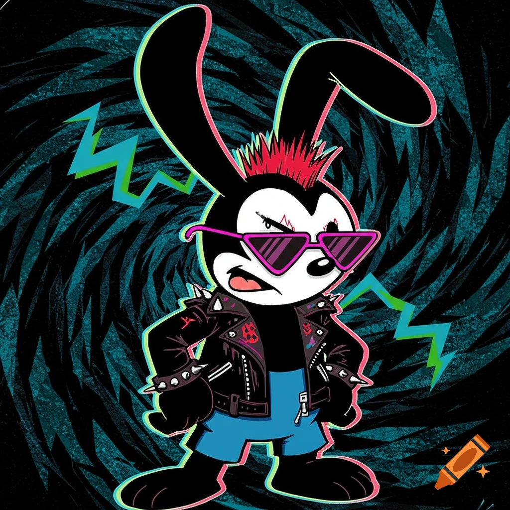 Cartoon Oswald the Lucky Rabbit as a punk rocker with a leather jacket, pink sunglasses, and mohawk, on a swirling dark background.
