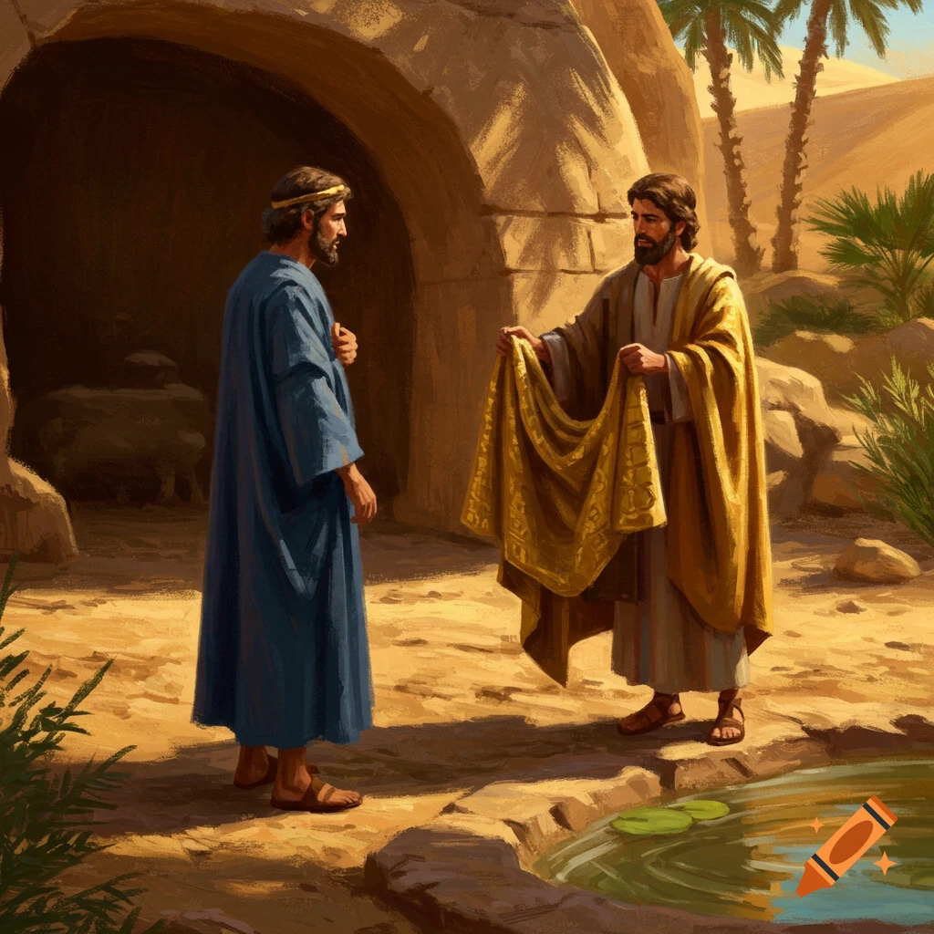 Two men in biblical attire, one offering a golden patterned fabric to the other, in a desert landscape with an ancient dwelling.
