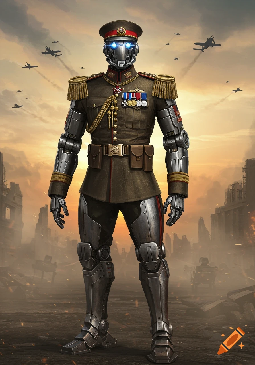 A tall robot wearing a British WWII general's uniform stands in a destroyed city with warplanes flying in a sunset sky.