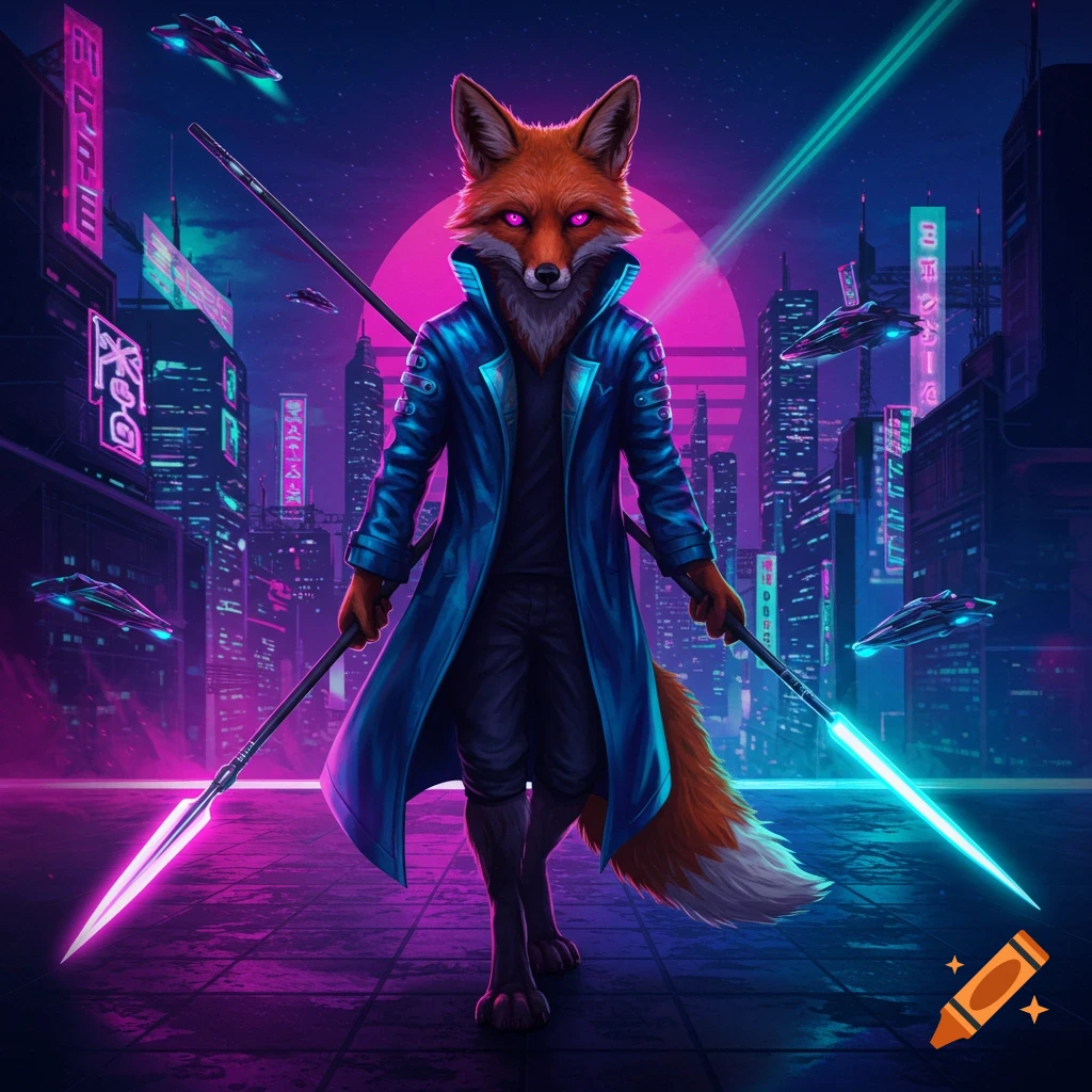 A fox-person in a blue trench coat with glowing eyes holds two neon spears in a vibrant cyberpunk city at night, in an outrun style.