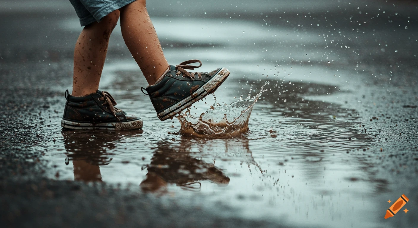 A child's foot in a muddy sneaker splashes in a puddle, sending water drops flying. Photorealistic.