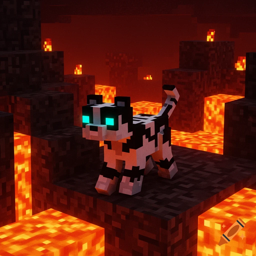 A black and white pixelated cat with glowing blue eyes stands on a dark block surrounded by lava in a Minecraft nether scene.