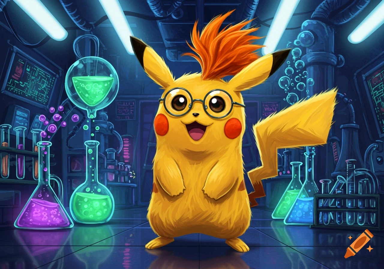A bespectacled Pikachu with spiky orange hair stands in a vibrant cartoon science lab filled with glowing beakers and test tubes.