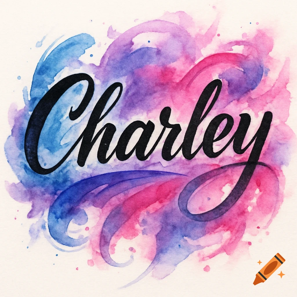 The name Charley in black script calligraphy on a vibrant blue, purple, and pink watercolor splash background.